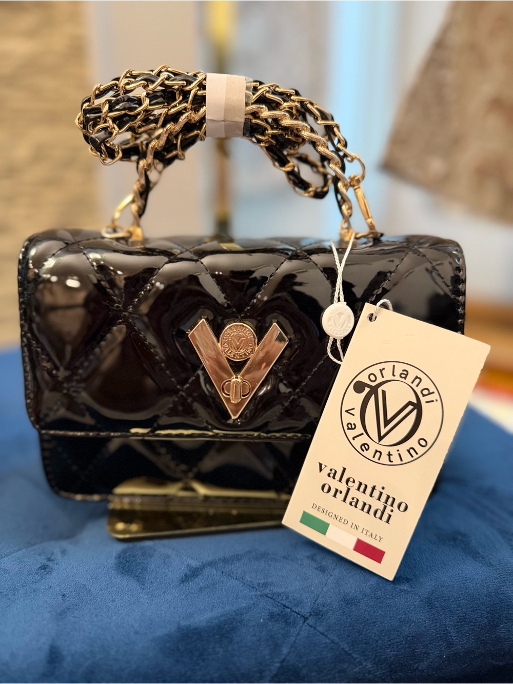 Valentino Orlandi Black Quilted Patent Leather Crossbody Bag